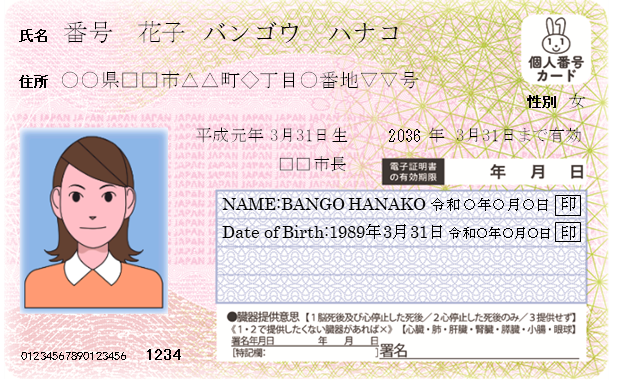 氏名の振り仮名、ローマ字氏名、西暦の生年月日が記載されたマイナンバーカードの見本